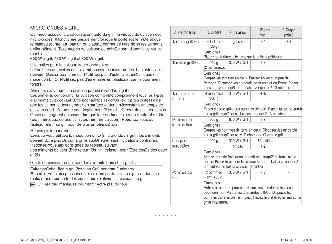 Samsung MG28F303ECW/EF, MG28F303EAW/EF manual MICRO-ONDES + Gril, Quantité, Étape, Français-29 