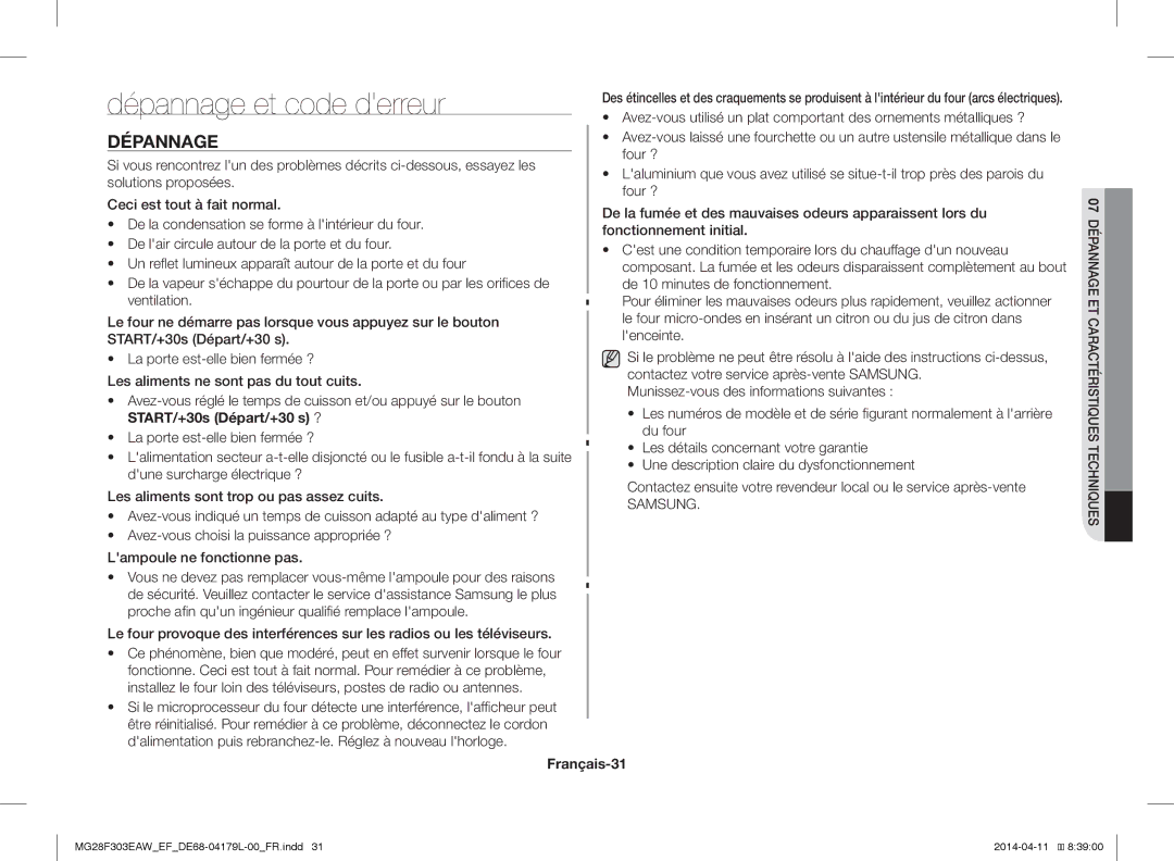 Samsung MG28F303ECW/EF, MG28F303EAW/EF manual Dépannage et code derreur, Français-31 