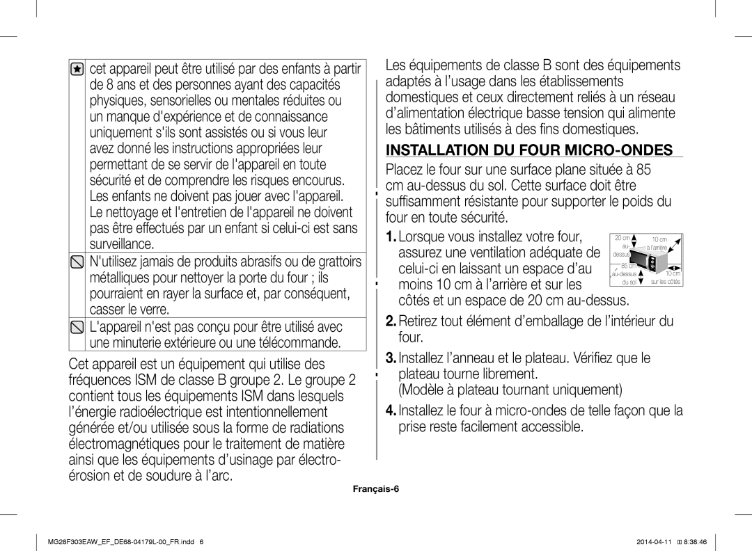 Samsung MG28F303EAW/EF, MG28F303ECW/EF manual Installation DU Four MICRO-ONDES, Français-6 