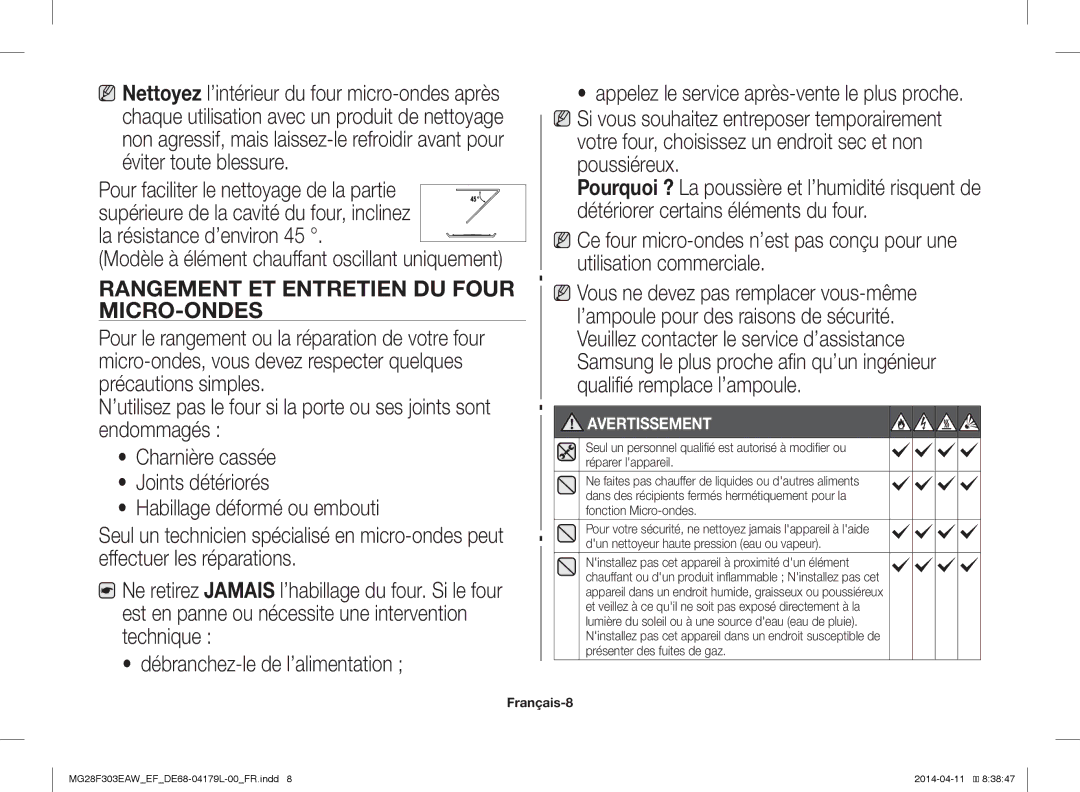 Samsung MG28F303EAW/EF manual Réparer lappareil, Dun nettoyeur haute pression eau ou vapeur, Présenter des fuites de gaz 