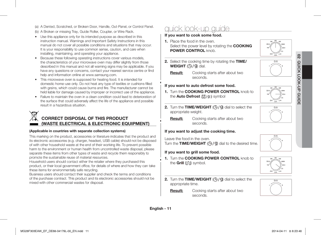 Samsung MG28F303ECW/EF manual Quick look-up guide, If you want to cook some food, If you want to adjust the cooking time 