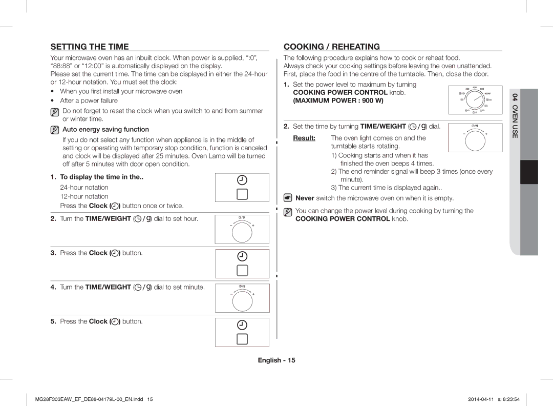 Samsung MG28F303ECW/EF manual Setting the Time, Cooking / Reheating, To display the time, Cooking Power Control knob 