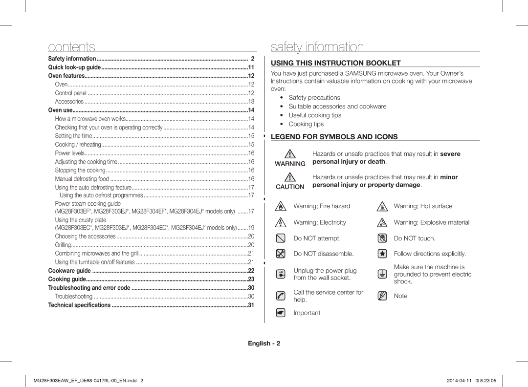 Samsung MG28F303EAW/EF, MG28F303ECW/EF manual Contents, Safety information 