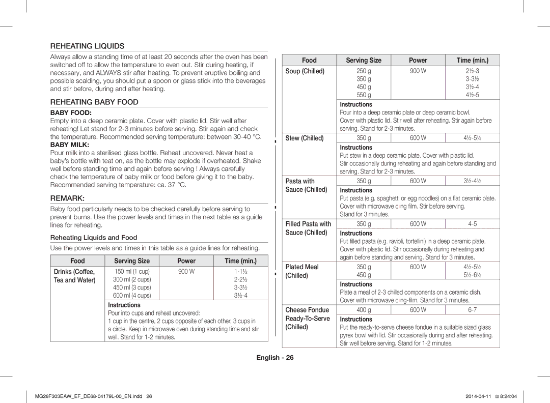 Samsung MG28F303EAW/EF, MG28F303ECW/EF manual Reheating Liquids, Reheating Baby Food, Remark 