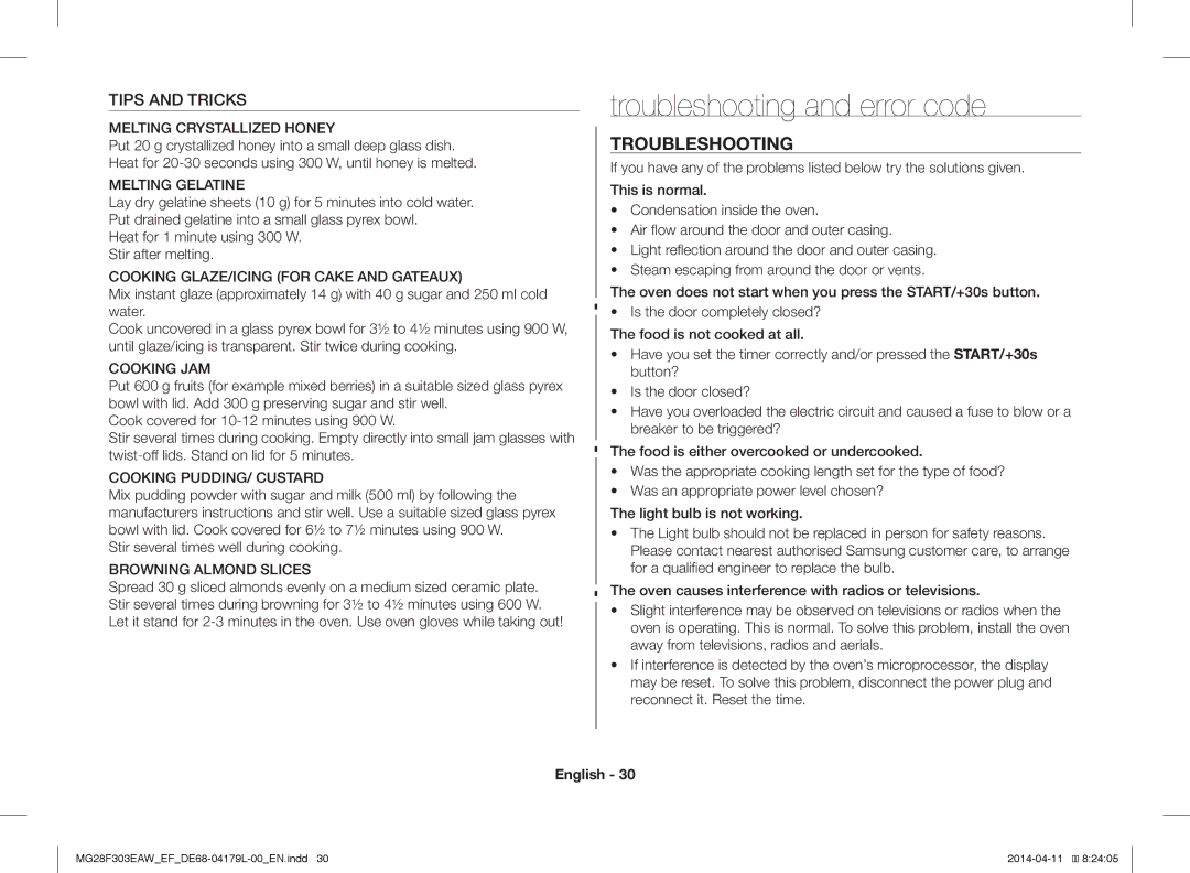 Samsung MG28F303EAW/EF manual Troubleshooting and error code, Tips and Tricks, Stir several times well during cooking 