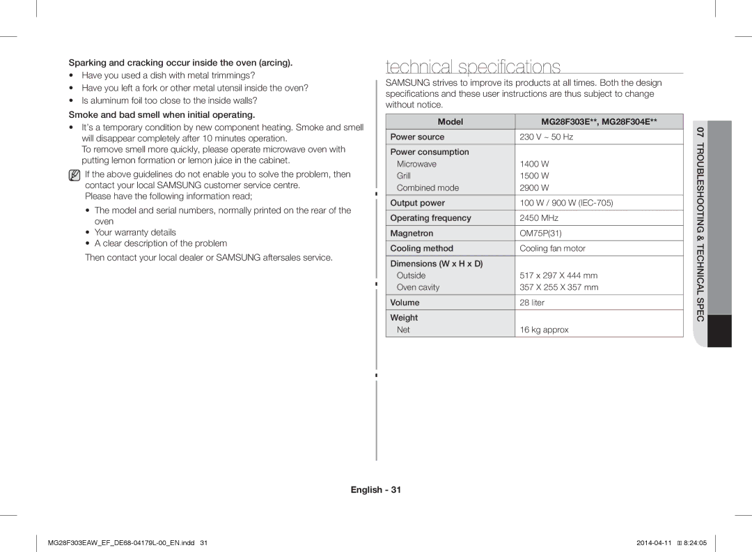 Samsung MG28F303ECW/EF, MG28F303EAW/EF manual Technical specifications, Model MG28F303E**, MG28F304E 