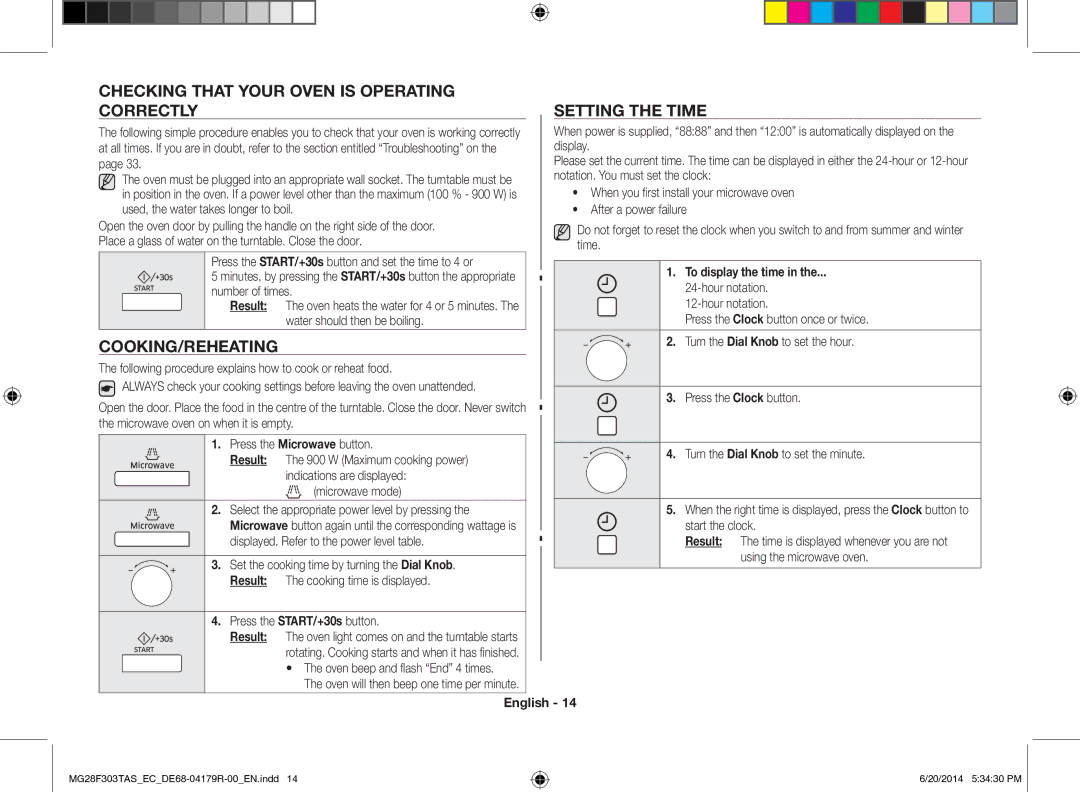 Samsung MG28F303TAS/EC manual Checking That Your Oven is Operating Correctly, Cooking/Reheating, Setting the Time 