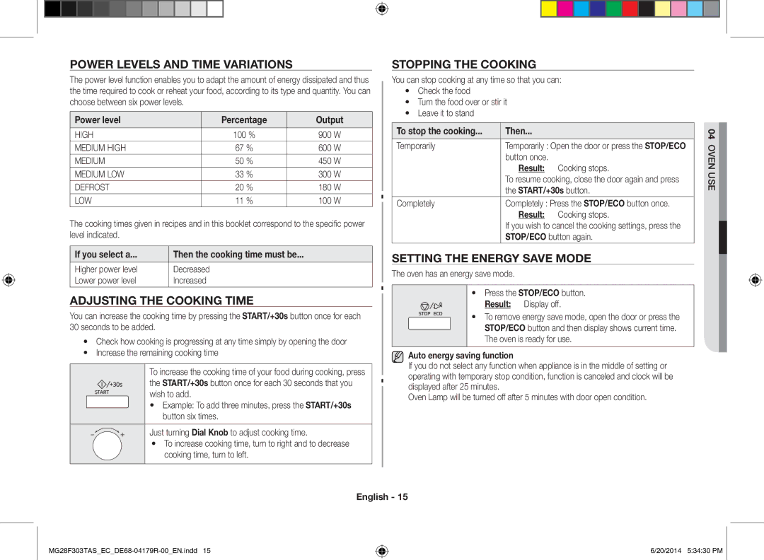 Samsung MG28F303TAS/EC manual Power Levels and Time Variations, Adjusting the Cooking Time, Stopping the Cooking 