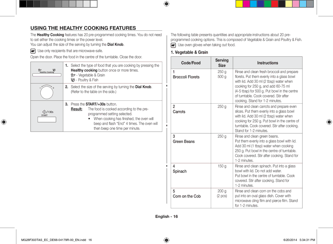 Samsung MG28F303TAS/EC manual Using the Healthy Cooking Features, Code/Food Serving Instructions 