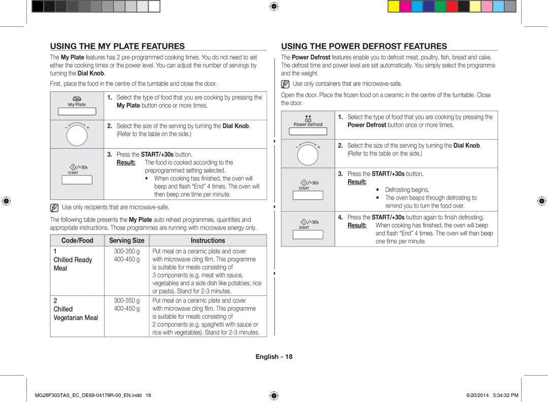 Samsung MG28F303TAS/EC manual Using the MY Plate Features, Using the Power Defrost Features, Code/Food 