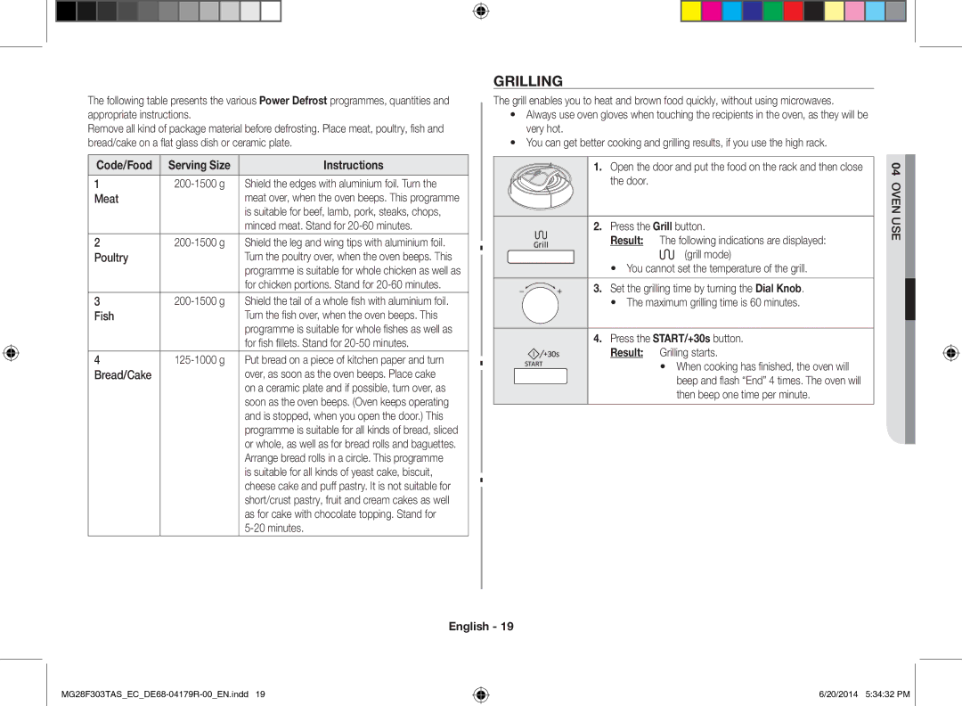 Samsung MG28F303TAS/EC manual Grilling, Code/Food Serving Size 