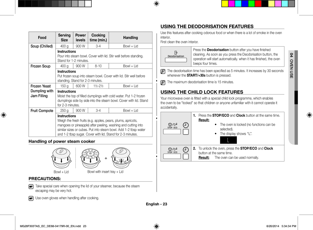 Samsung MG28F303TAS/EC manual Using the Deodorisation Features, Using the Child Lock Features, Precautions, Food Handling 