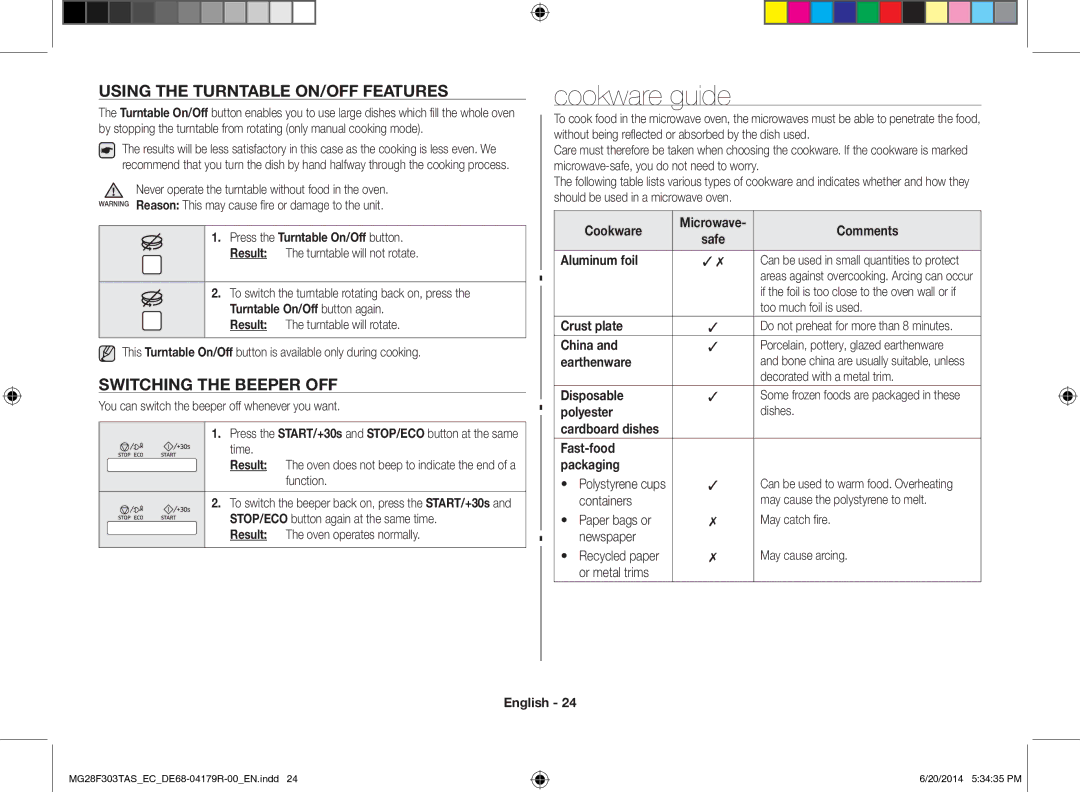 Samsung MG28F303TAS/EC manual Cookware guide, Using the Turntable ON/OFF Features, Switching the Beeper OFF 