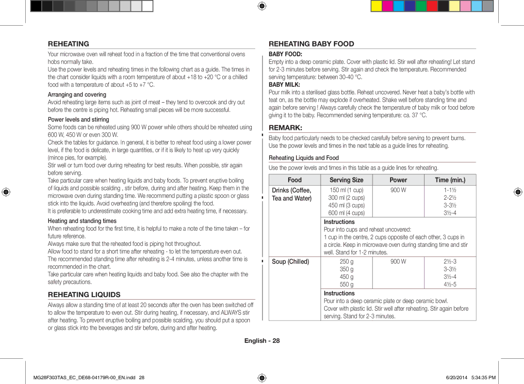 Samsung MG28F303TAS/EC manual Reheating Reheating Baby Food, Remark, Reheating Liquids 