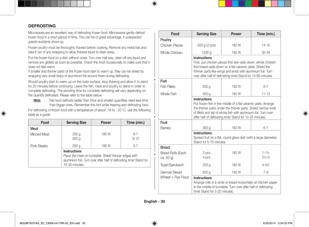 Samsung MG28F303TAS/EC manual Food, Instructions Hint, Serving Size Power Time min 