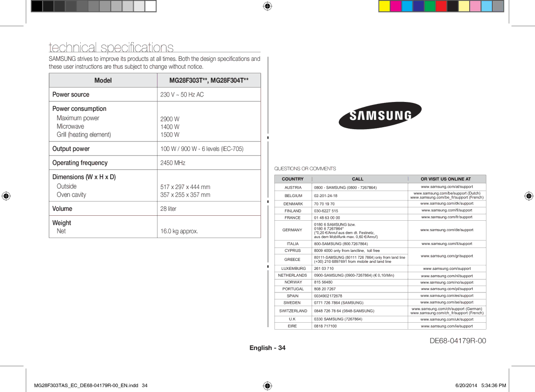 Samsung MG28F303TAS/EC manual Technical specifications, Model MG28F303T**, MG28F304T 