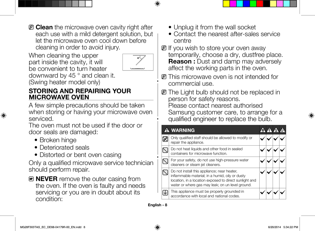 Samsung MG28F303TAS/EC manual Storing and Repairing Your Microwave Oven 