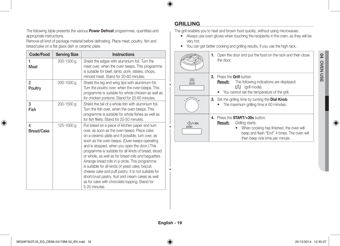Samsung MG28F303TFS/EG, MG28F303TCS/EG manual Grilling, Code/Food Serving Size 