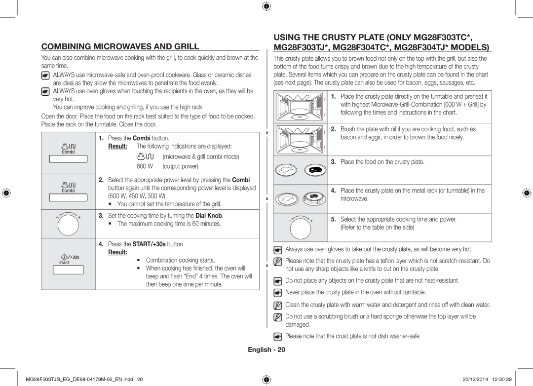 Samsung MG28F303TCS/EG, MG28F303TFS/EG manual Combining Microwaves and Grill, Combination cooking starts 