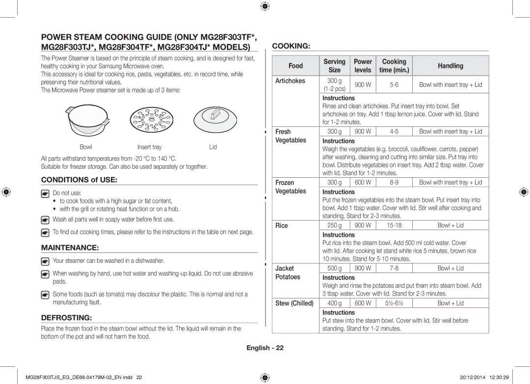 Samsung MG28F303TCS/EG, MG28F303TFS/EG manual Maintenance, Defrosting, Food Serving Power Cooking Handling 