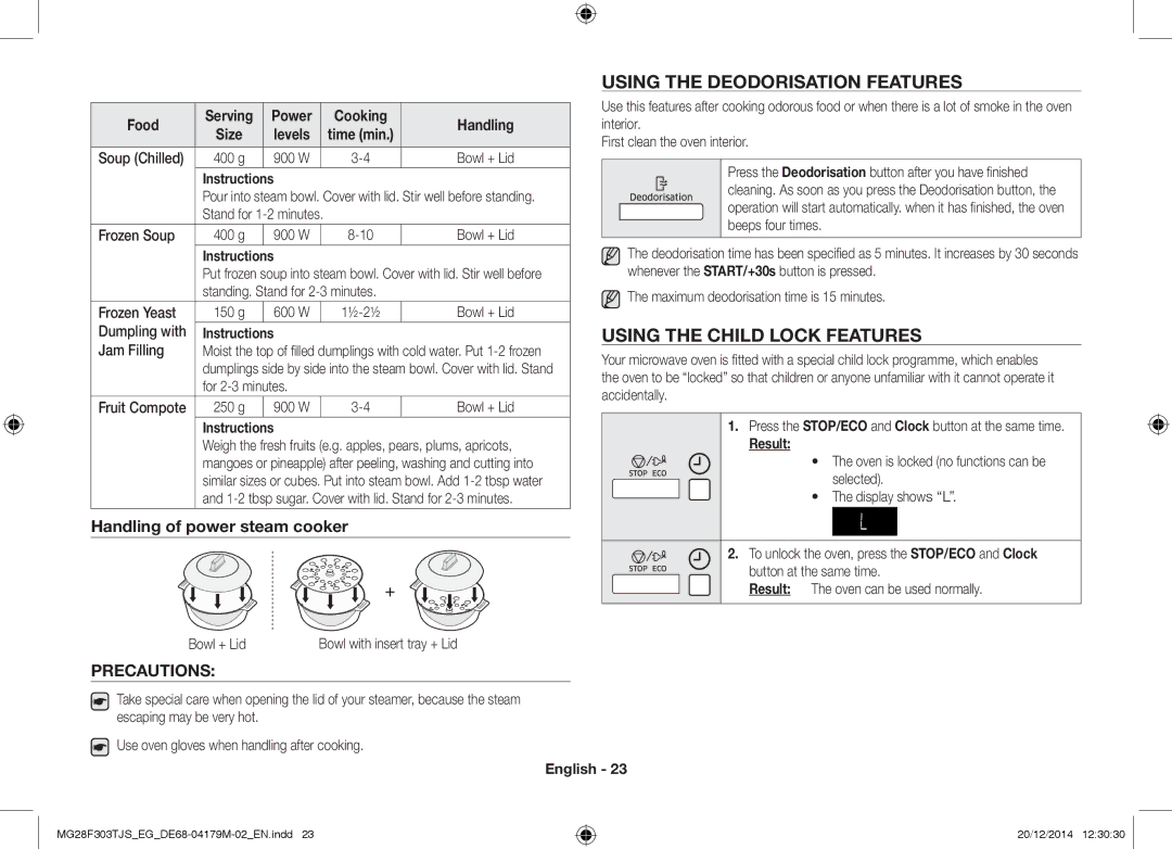 Samsung MG28F303TFS/EG manual Using the Deodorisation Features, Using the Child Lock Features, Precautions, Food Handling 