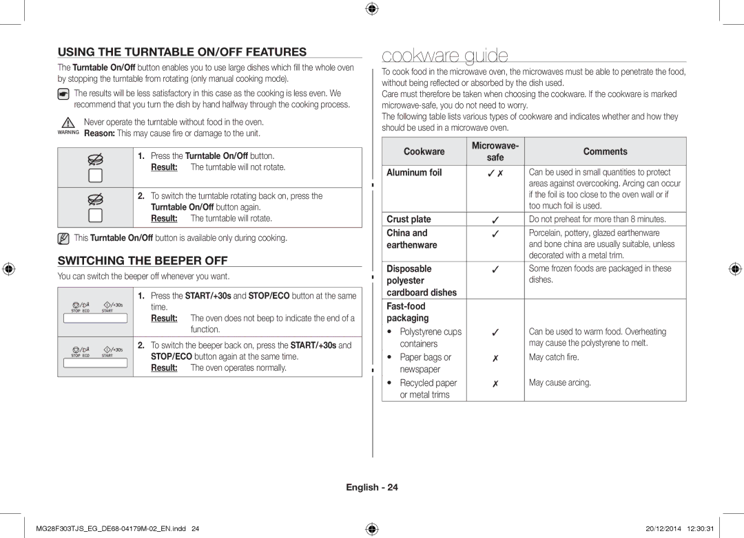 Samsung MG28F303TCS/EG, MG28F303TFS/EG manual Cookware guide, Using the Turntable ON/OFF Features, Switching the Beeper OFF 