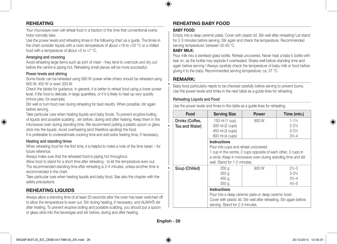 Samsung MG28F303TCS/EG, MG28F303TFS/EG manual Reheating Reheating Baby Food, Remark, Reheating Liquids 