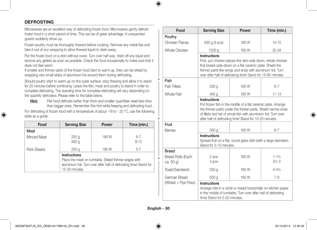 Samsung MG28F303TCS/EG, MG28F303TFS/EG manual Food, Hint, Serving Size Power Time min 