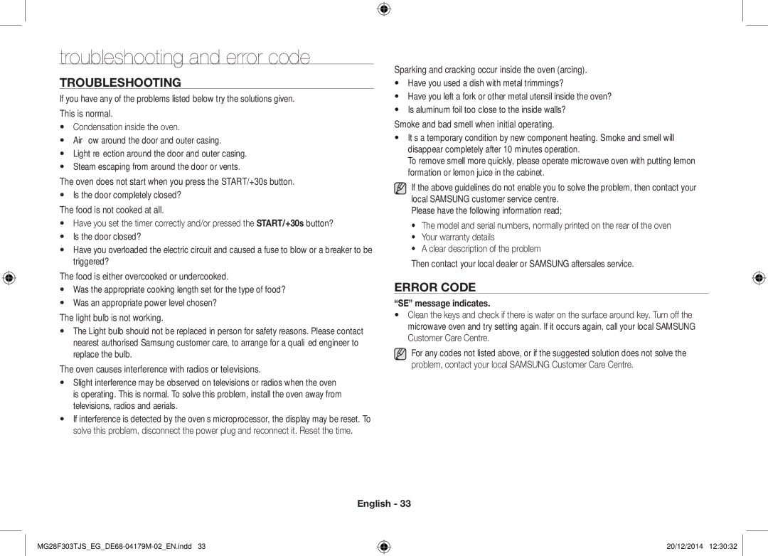 Samsung MG28F303TFS/EG manual Troubleshooting and error code, Error Code, SE message indicates, Customer Care Centre 