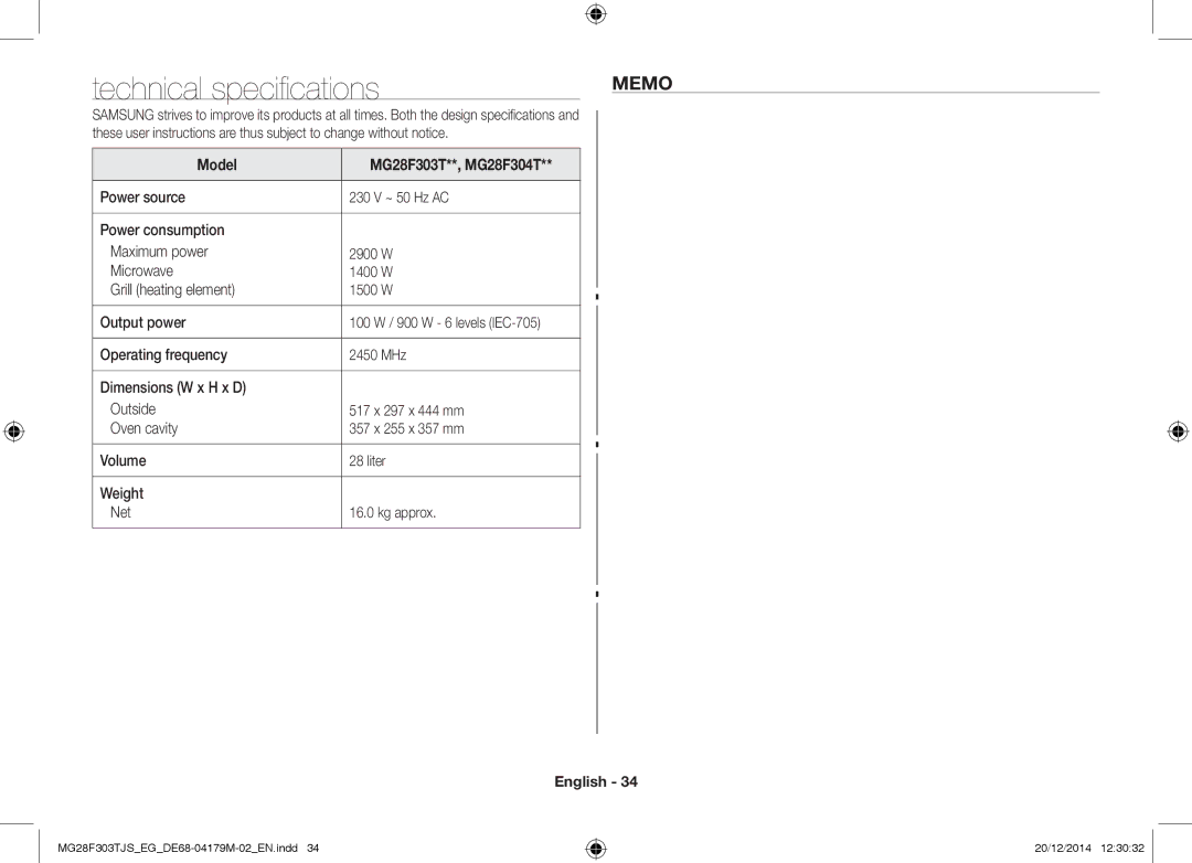 Samsung MG28F303TCS/EG, MG28F303TFS/EG manual Technical specifications, Memo, Model MG28F303T**, MG28F304T 