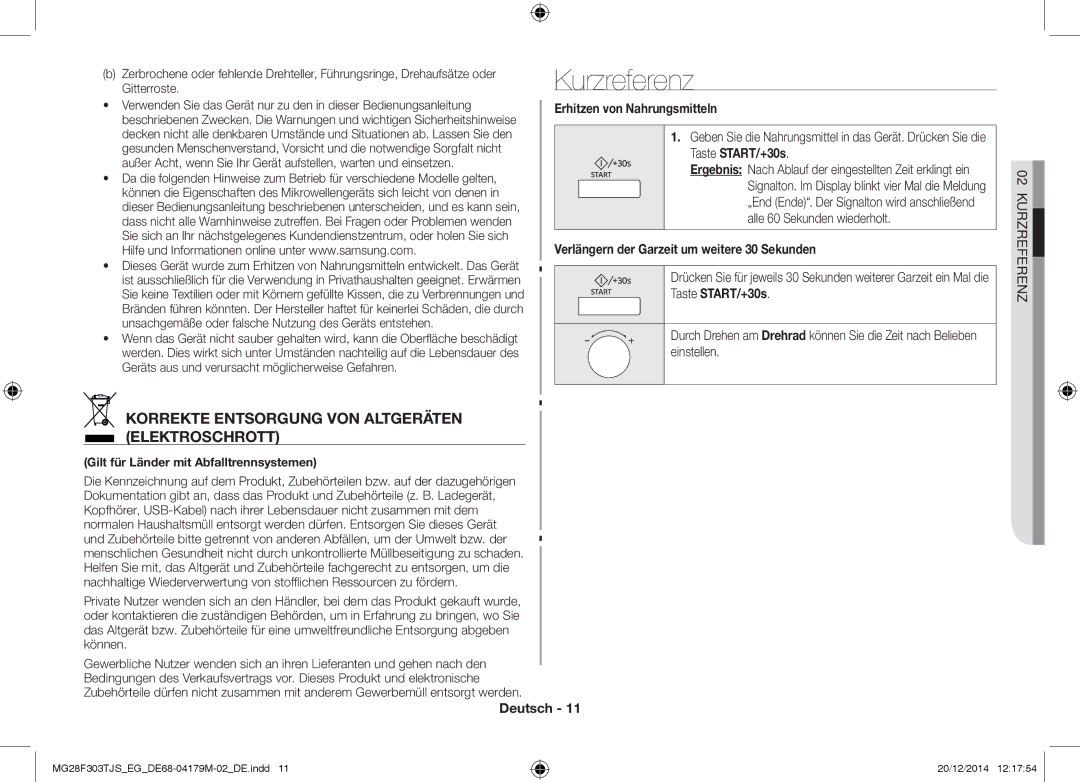 Samsung MG28F303TFS/EG manual Kurzreferenz, Korrekte Entsorgung VON Altgeräten Elektroschrott, Erhitzen von Nahrungsmitteln 