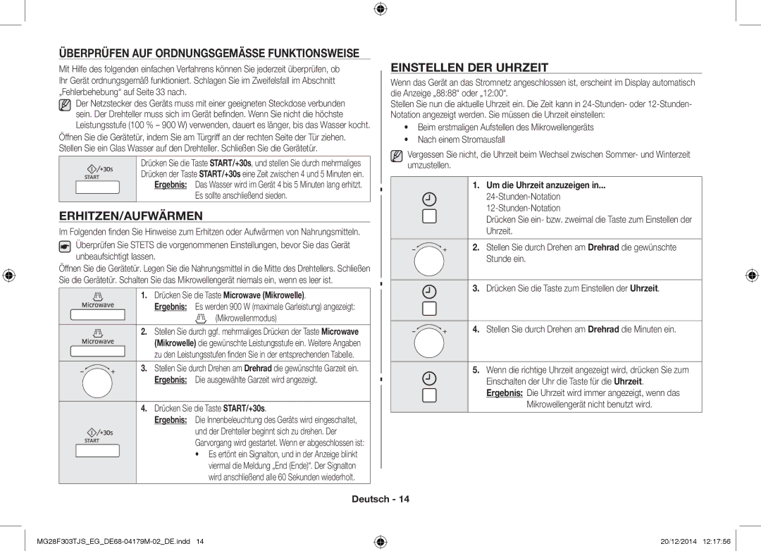 Samsung MG28F303TCS/EG manual Erhitzen/Aufwärmen, Einstellen DER Uhrzeit, Überprüfen AUF Ordnungsgemässe Funktionsweise 