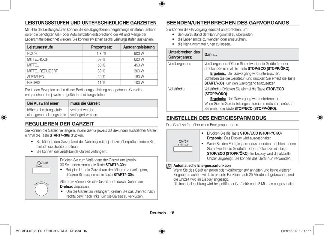 Samsung MG28F303TFS/EG, MG28F303TCS/EG manual Leistungsstufen UND Unterschiedliche Garzeiten, Regulieren DER Garzeit 