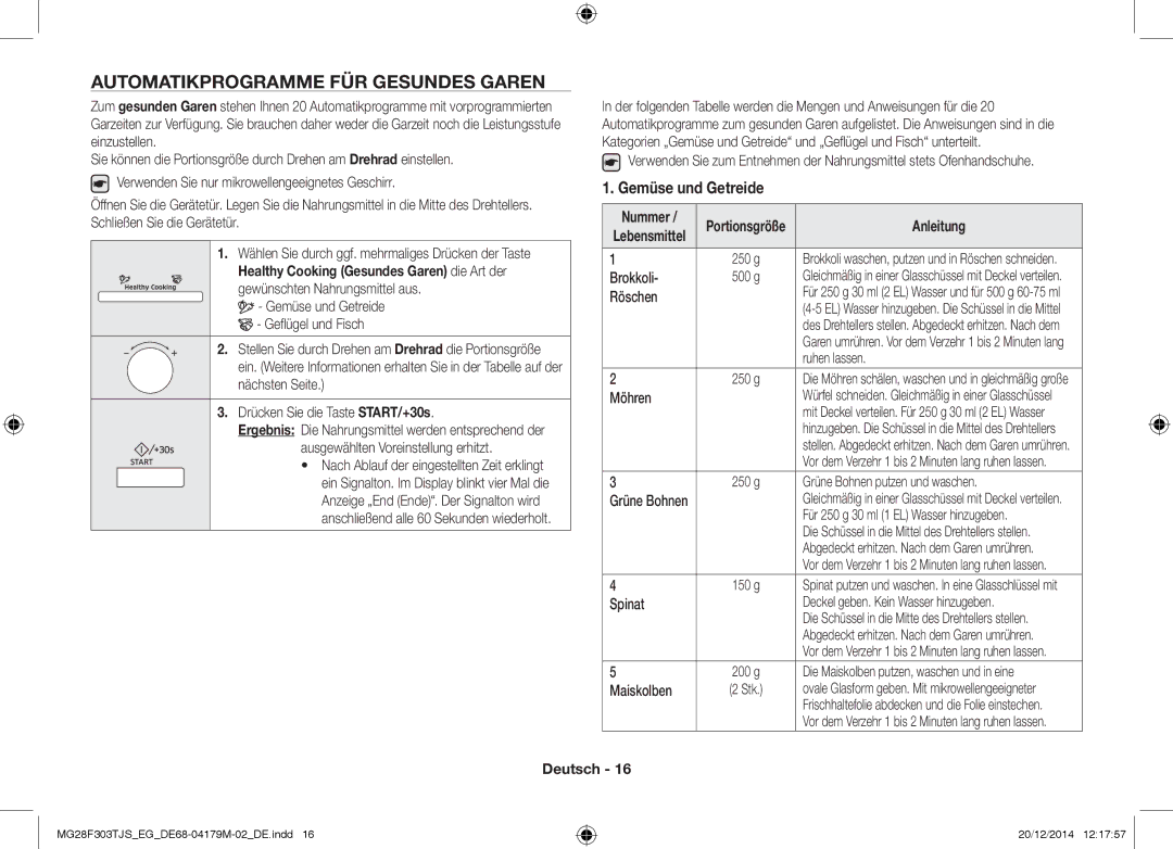 Samsung MG28F303TCS/EG, MG28F303TFS/EG manual Automatikprogramme FÜR Gesundes Garen, Nummer, Anleitung 