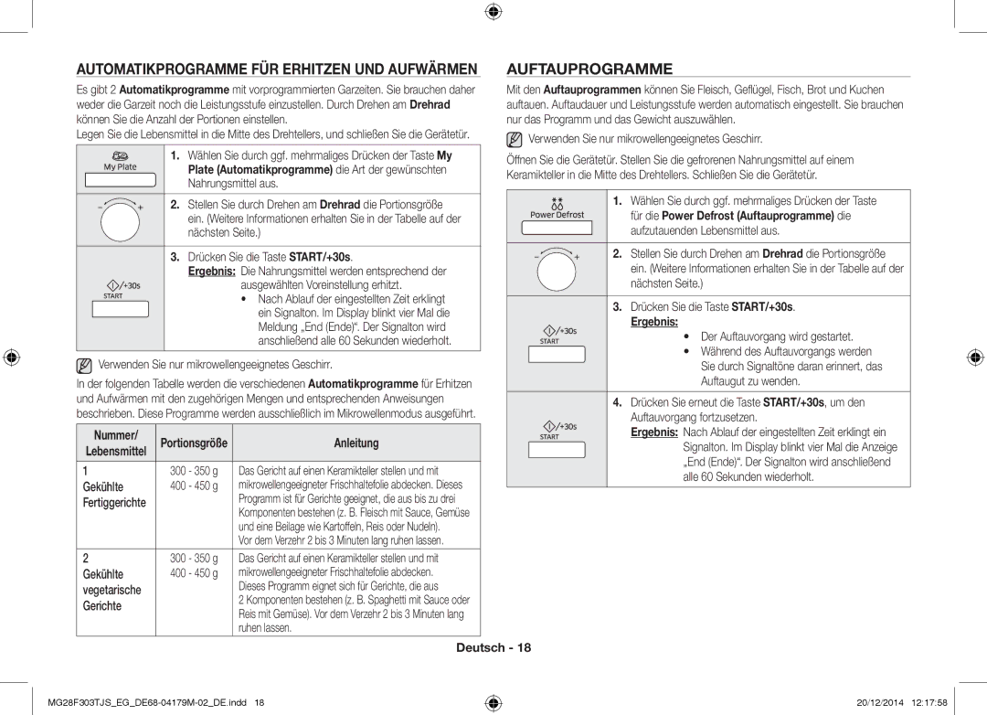 Samsung MG28F303TCS/EG manual Auftauprogramme, Automatikprogramme FÜR Erhitzen UND Aufwärmen, Portionsgröße, Ergebnis 