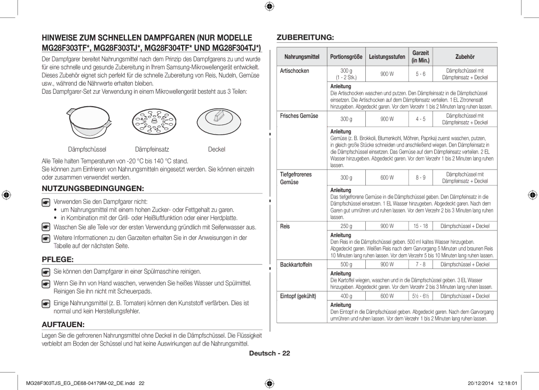 Samsung MG28F303TCS/EG, MG28F303TFS/EG manual Nutzungsbedingungen, Pflege, Auftauen, Zubereitung, Dämpfschüssel Dämpfeinsatz 