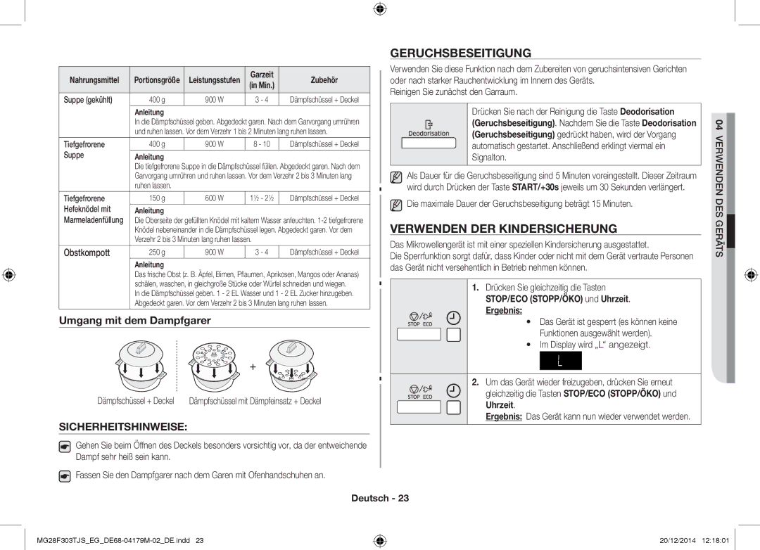 Samsung MG28F303TFS/EG, MG28F303TCS/EG manual Geruchsbeseitigung, Verwenden DER Kindersicherung, Sicherheitshinweise 