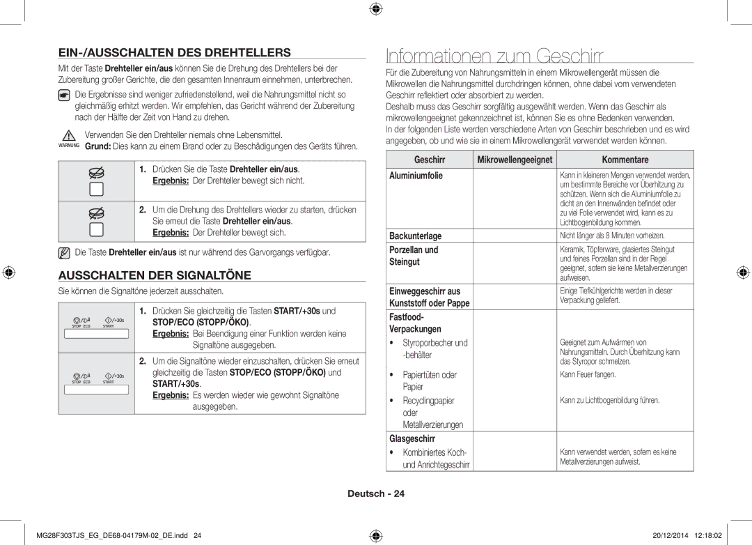 Samsung MG28F303TCS/EG manual Informationen zum Geschirr, EIN-/AUSSCHALTEN DES Drehtellers, Ausschalten DER Signaltöne 