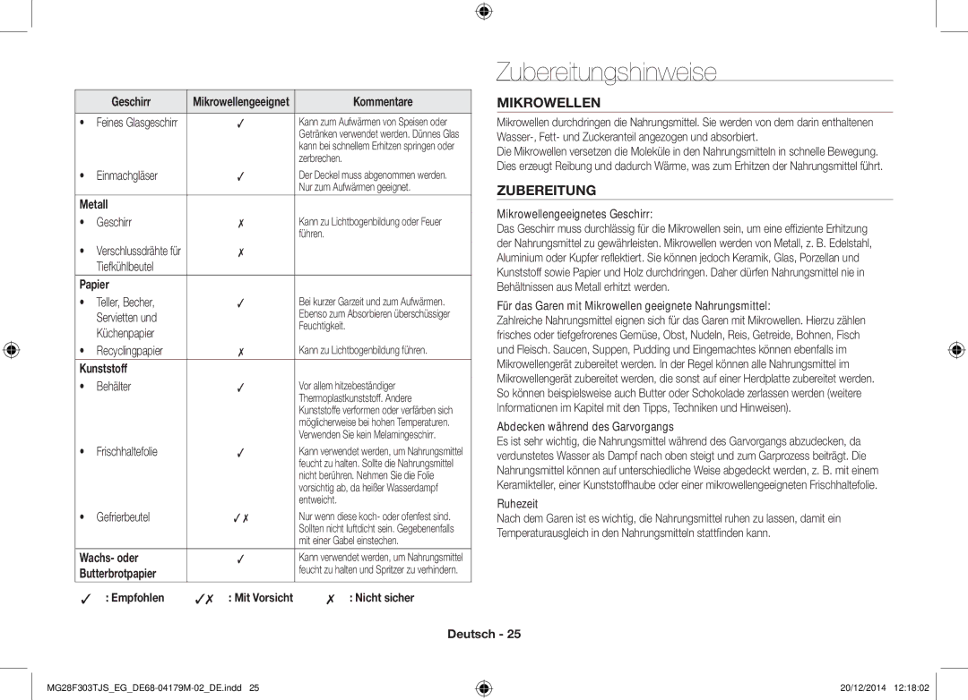 Samsung MG28F303TFS/EG, MG28F303TCS/EG manual Zubereitungshinweise, Mikrowellen 