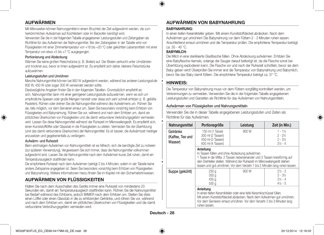 Samsung MG28F303TCS/EG, MG28F303TFS/EG manual Aufwärmen VON Flüssigkeiten, Aufwärmen VON Babynahrung, Hinweis 