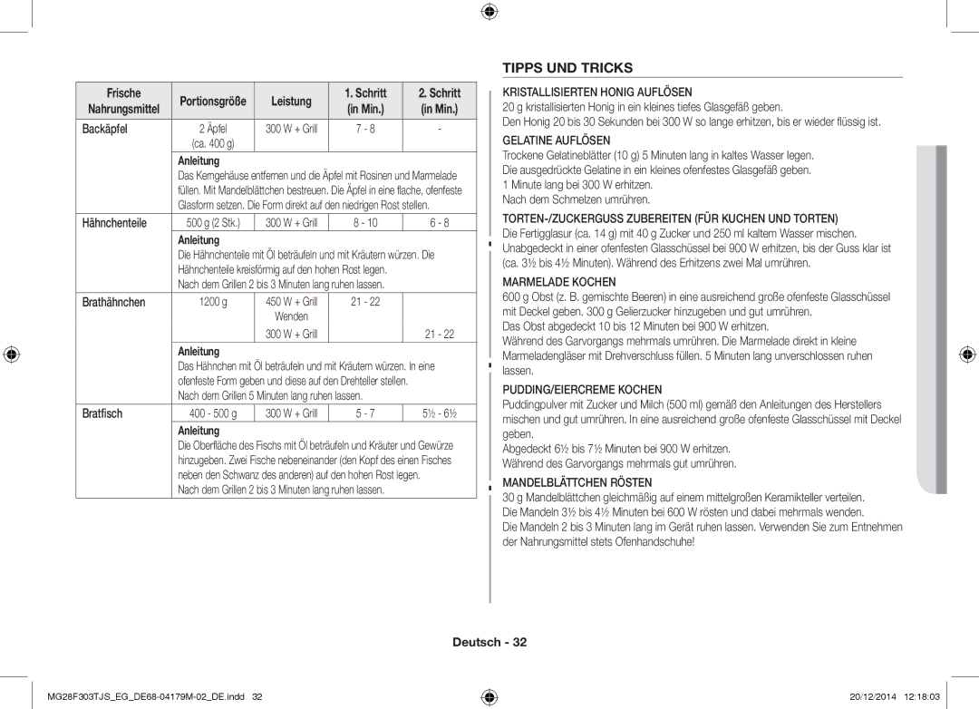 Samsung MG28F303TCS/EG, MG28F303TFS/EG manual Tipps UND Tricks, Leistung Schritt, Backäpfel, Brathähnchen 