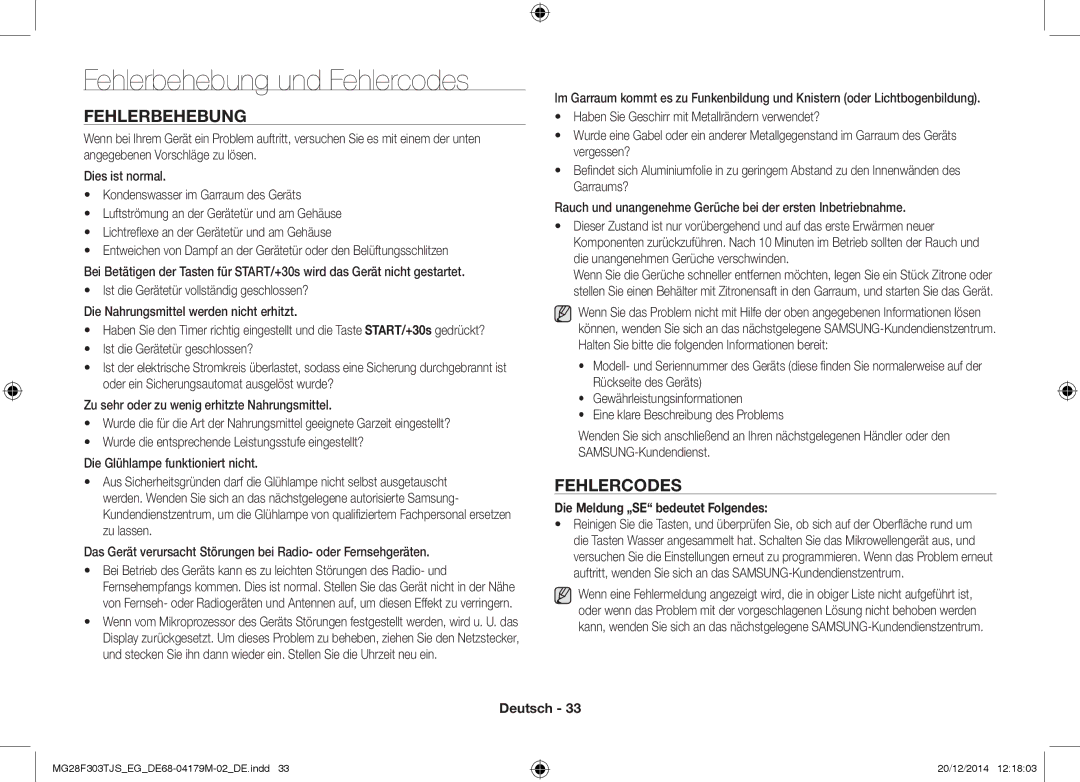 Samsung MG28F303TFS/EG, MG28F303TCS/EG manual Fehlerbehebung und Fehlercodes, Die Meldung „SE bedeutet Folgendes 