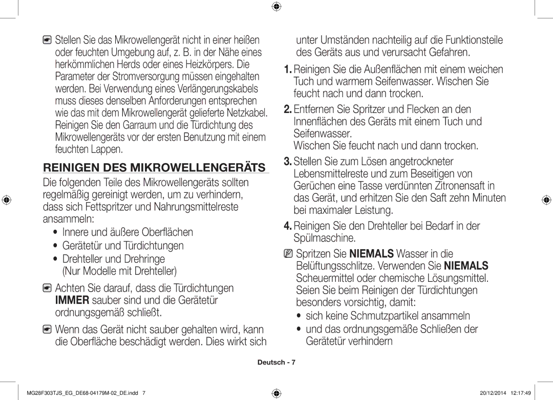 Samsung MG28F303TFS/EG, MG28F303TCS/EG manual Reinigen DES Mikrowellengeräts 