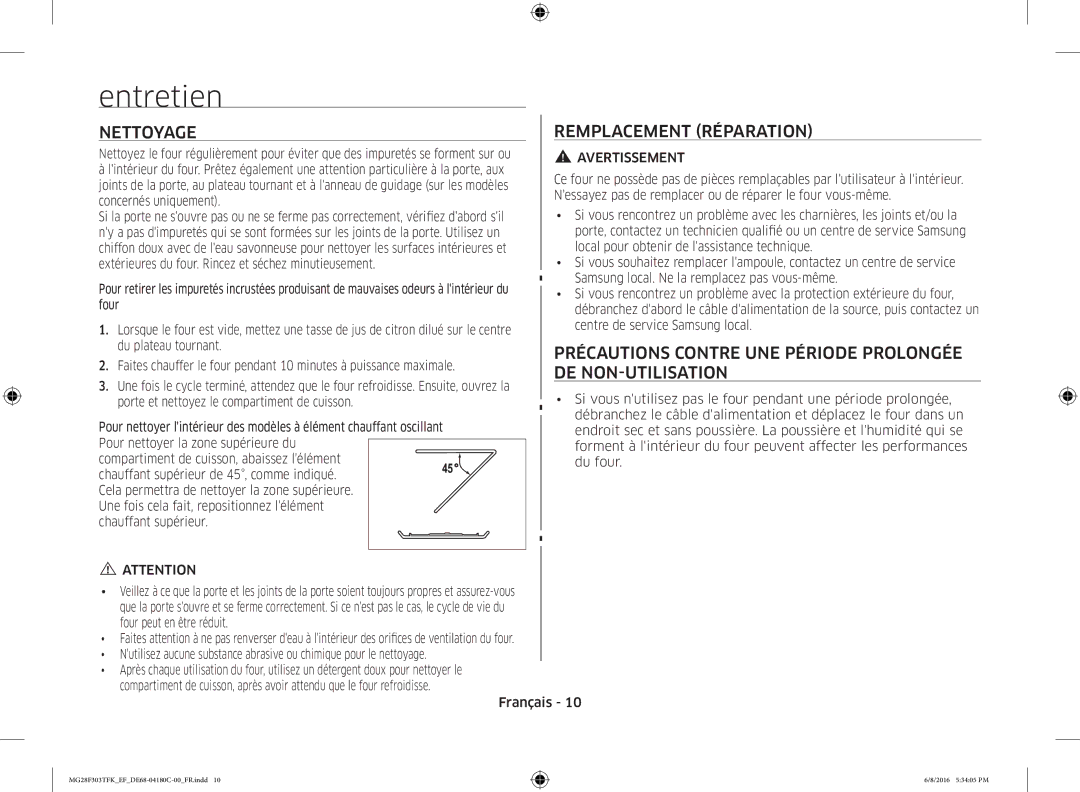 Samsung MG28F303TFK/EF manual Entretien, Nettoyage Remplacement Réparation, Précautions Contre UNE Période Prolongée 