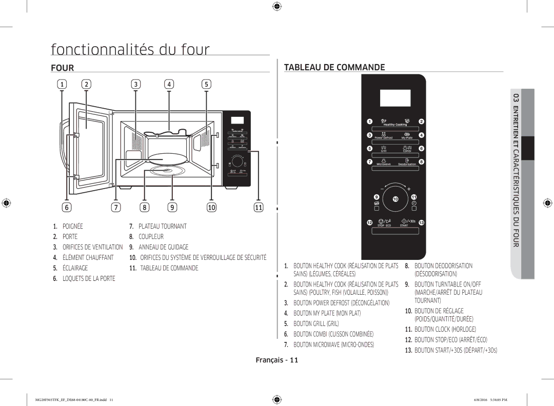 Samsung MG28F303TFK/EF manual Fonctionnalités du four, Four Tableau DE Commande 