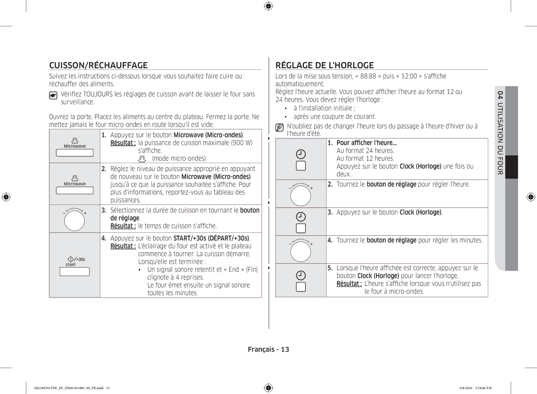 Samsung MG28F303TFK/EF manual Cuisson/Réchauffage, Réglage DE Lhorloge, Le four à micro-ondes 