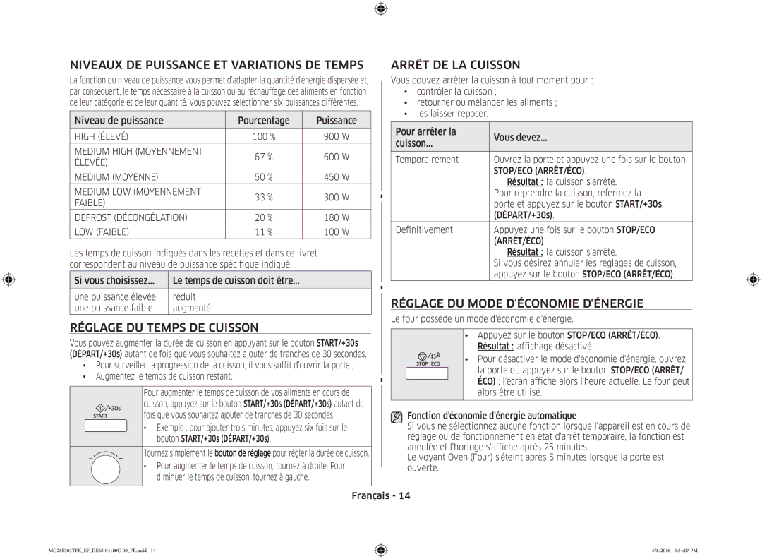 Samsung MG28F303TFK/EF manual Niveaux DE Puissance ET Variations DE Temps, Réglage DU Temps DE Cuisson, Arrêt DE LA Cuisson 