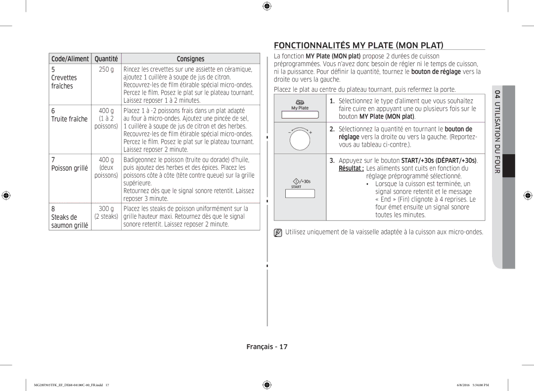 Samsung MG28F303TFK/EF manual Fonctionnalités MY Plate MON Plat 