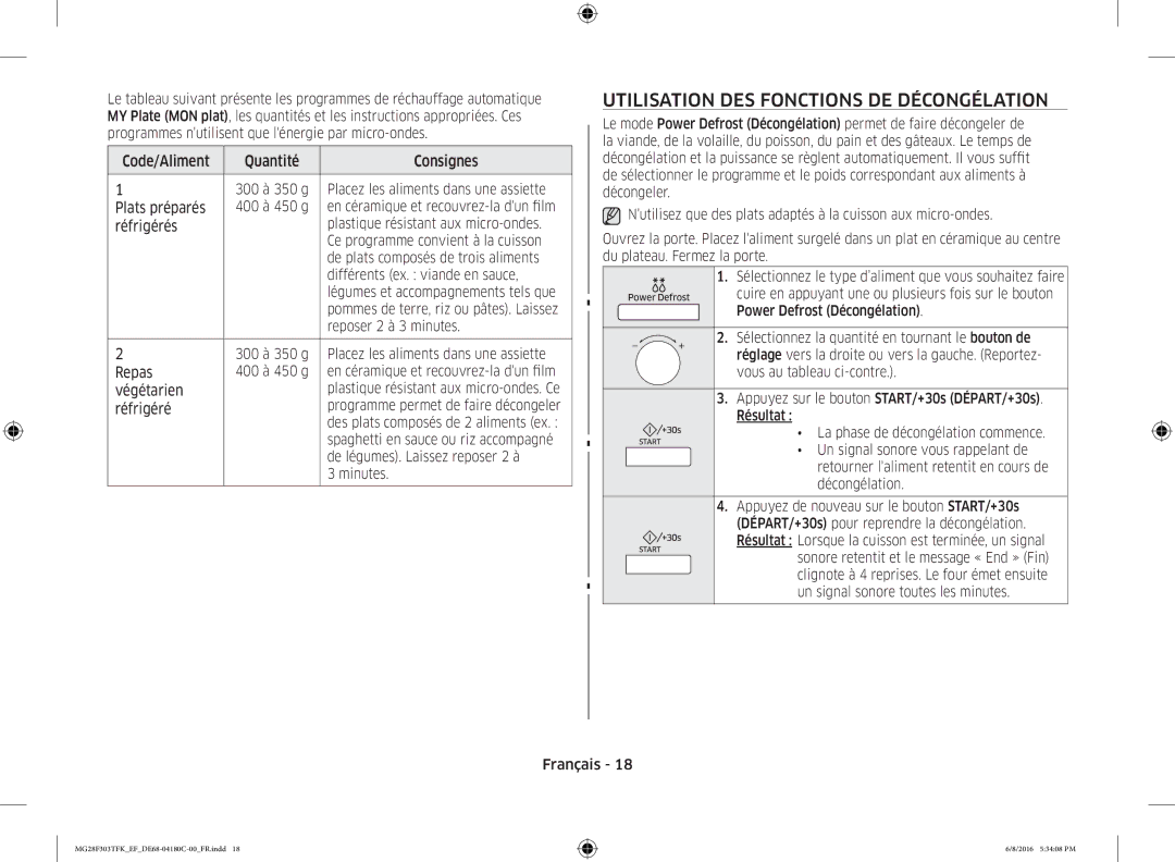 Samsung MG28F303TFK/EF manual Utilisation DES Fonctions DE Décongélation 