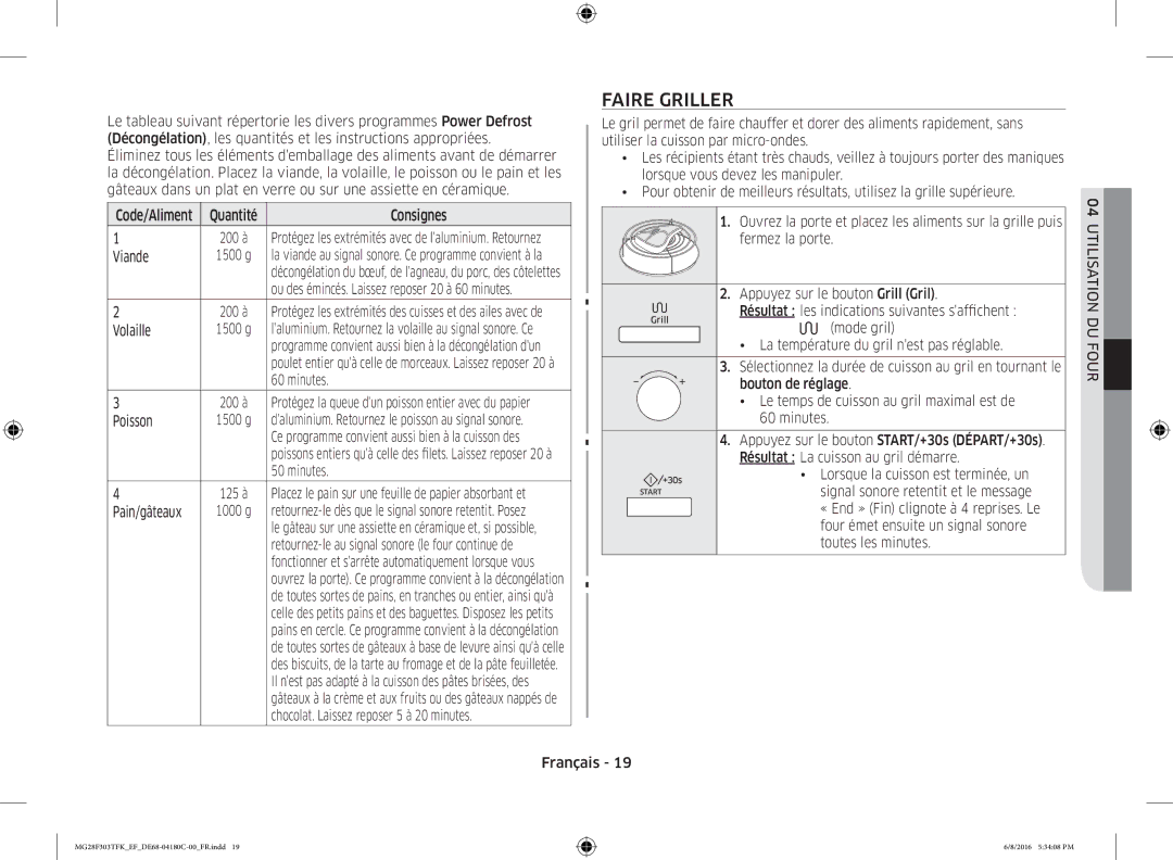 Samsung MG28F303TFK/EF manual Faire Griller, Viande 1500 g, Volaille 1500 g, Chocolat. Laissez reposer 5 à 20 minutes 
